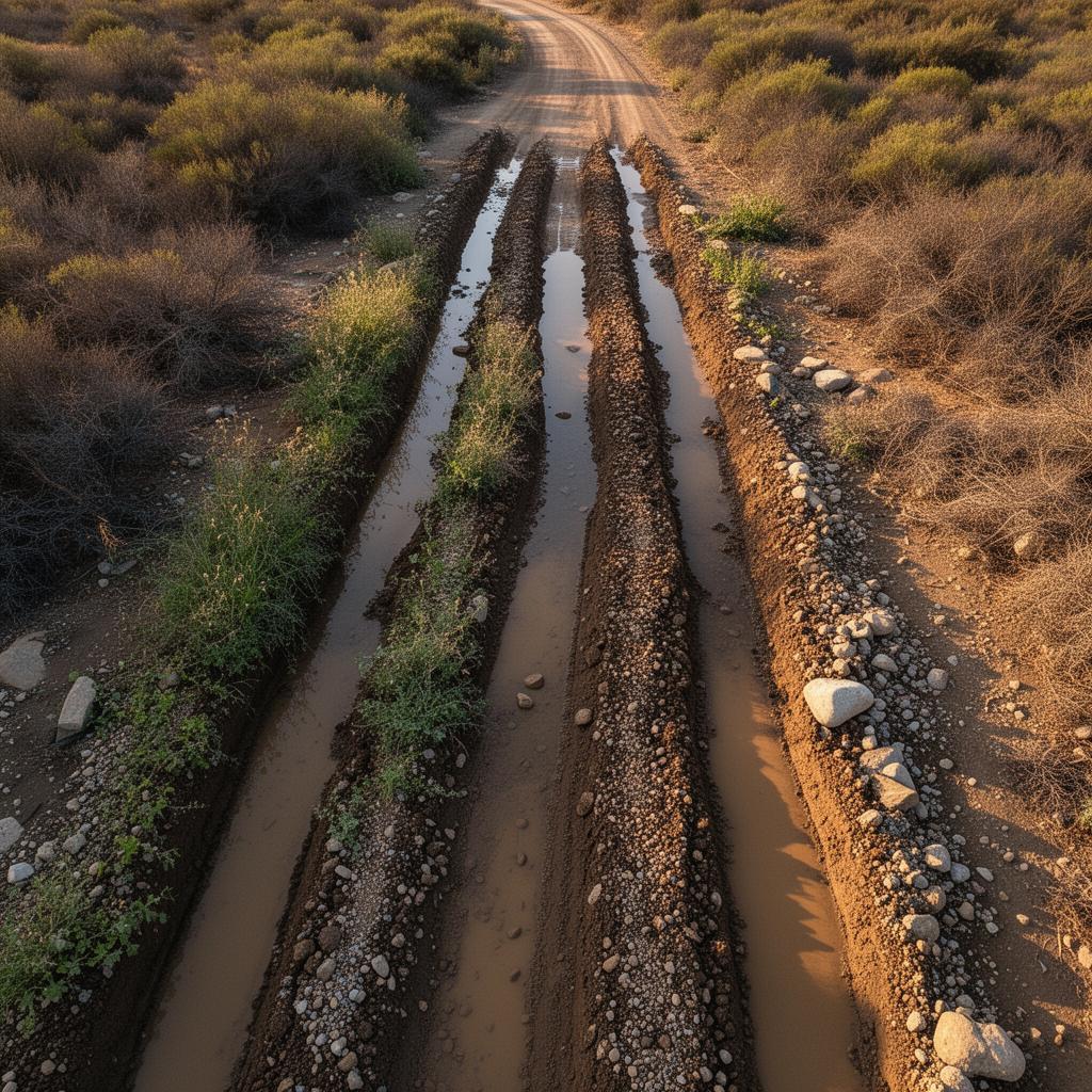 Severely rutted and washed-out dirt road before grading — deep ruts filled with water, eroded edges, impassable