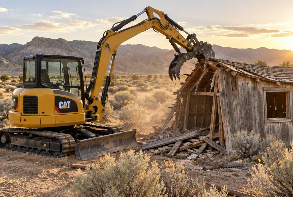 CAT excavator tearing down an old wooden shed on a High Desert property