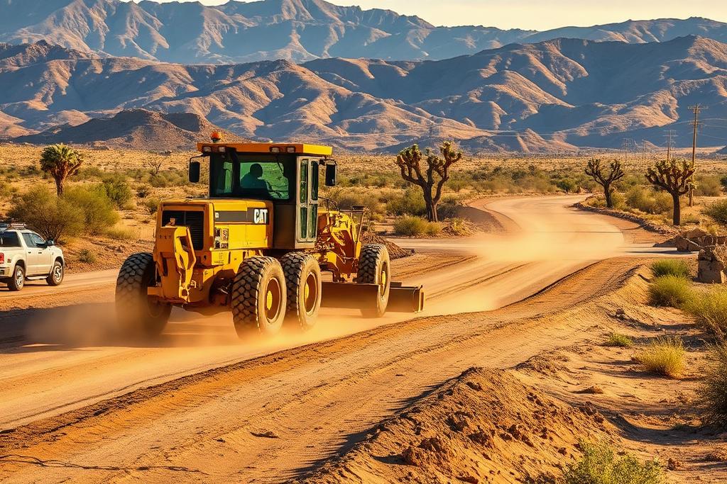 Grader leveling a residential driveway base in Palmdale, CA