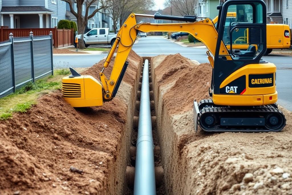 Trencher cutting a utility trench for water or sewer line